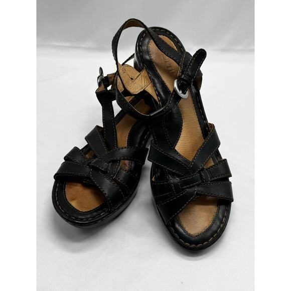 Women’s BORN Strappy Slingback Wedge Sandals BLACK Leather Sz 10 Work Casual - Picture 1 of 10